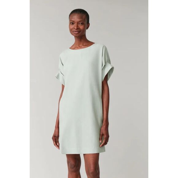 COS Cupro Cotton Short Roll Sleeve Crew Neck Shift Dress in Celadon Green Size 6 - Picture 2 of 13
